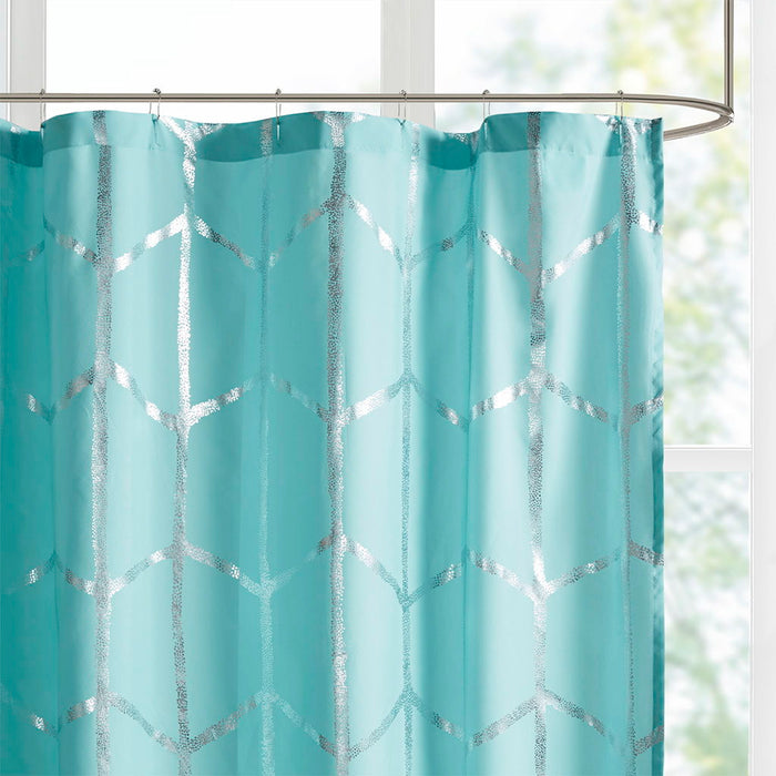 Raina - Printed Metallic Shower Curtain - Aqua / Silver - Simple Home Plus