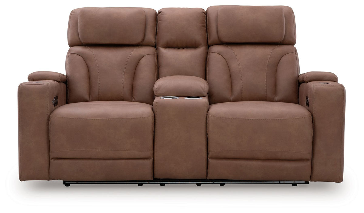 Clean-Slate - Caramel - Power Reclining Loveseat With Console / Adj Headrest - Simple Home Plus