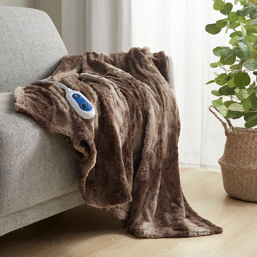 Zuri - Oversized Faux Fur Heated Throw - Brown - Simple Home Plus