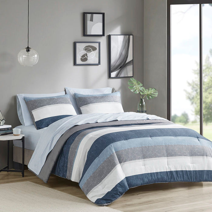Jaxon - Stripe Microfiber Comforter Set With Bed Sheets - Blue/Gray - Simple Home Plus