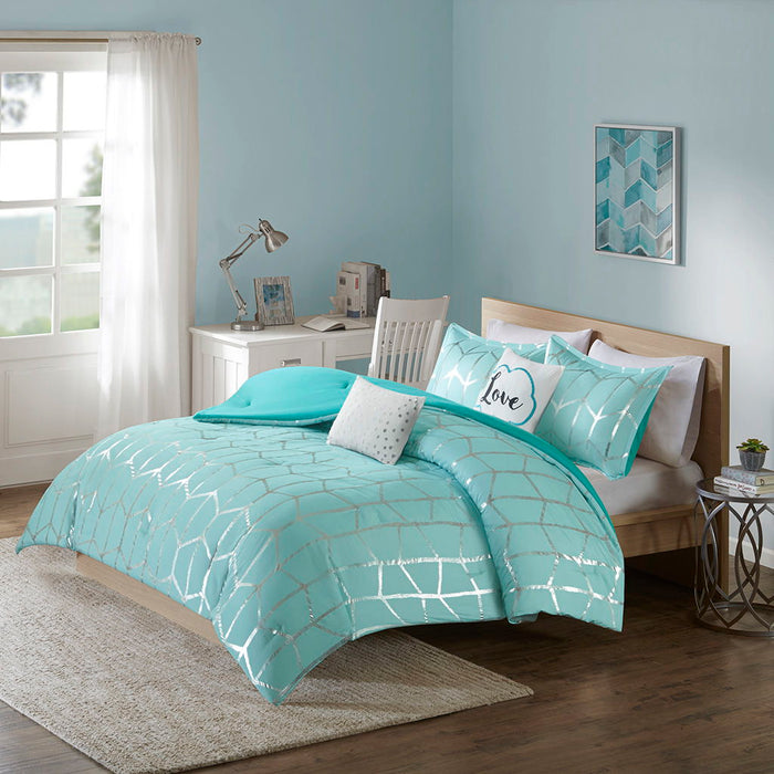 Raina - King Metallic Printed Comforter Set - Aqua / Silver - Simple Home Plus