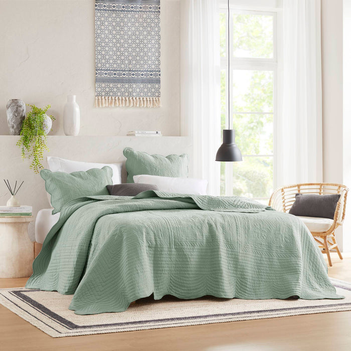 Tuscany - 3 Piece Reversible Scalloped Edge Coverlet Set - Seafoam - Simple Home Plus
