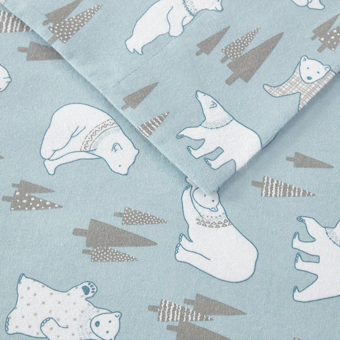 Cozy Flannel - Queen 100% Printed Sheet Set - Blue Polar Bears