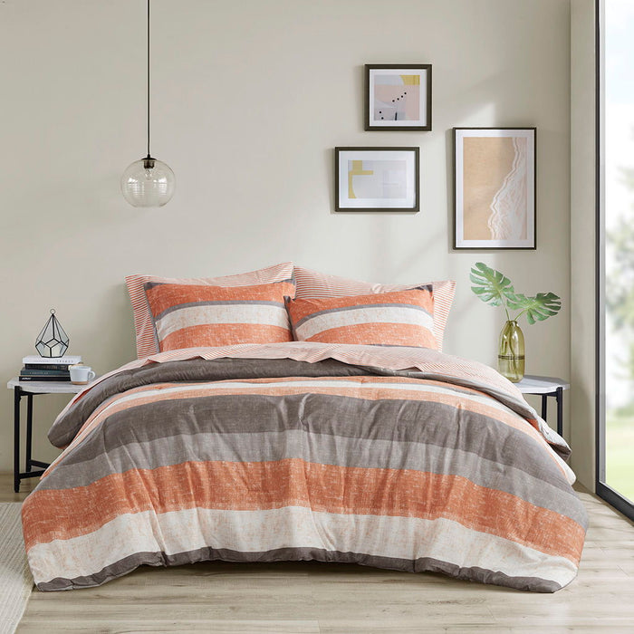 Jaxon - 7 Piece California King Stripe Comforter Set With Bed Sheets - Coral/Gray - Simple Home Plus