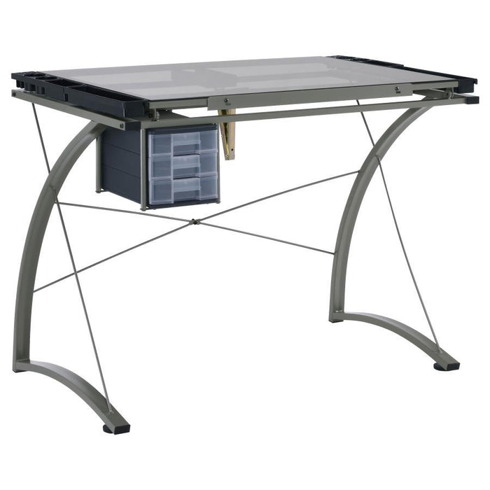 Melo - Glass Top Drafting Table With Storage - Silver - Simple Home Plus