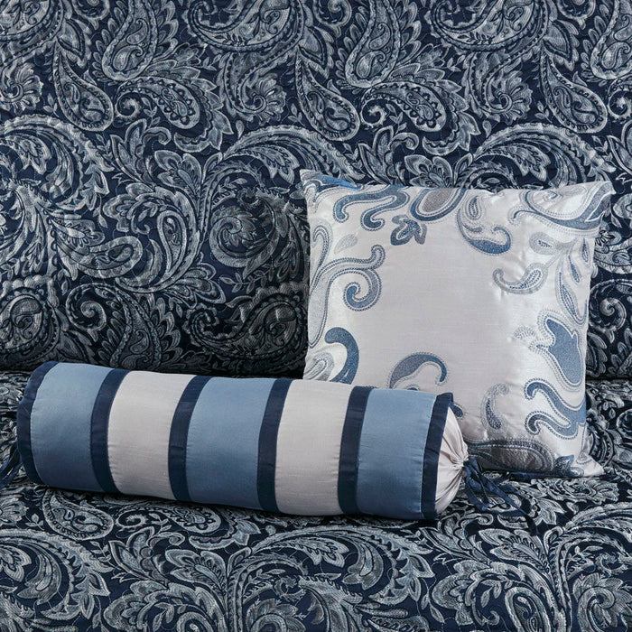 Aubrey - 5 Piece Jacquard Bedspread Set With Throw Pillows - Navy - Simple Home Plus