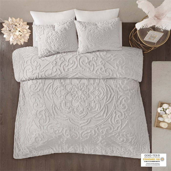 Laetitia - King 3 Piece Tufted Medallion Duvet Cover Set - Gray - Simple Home Plus