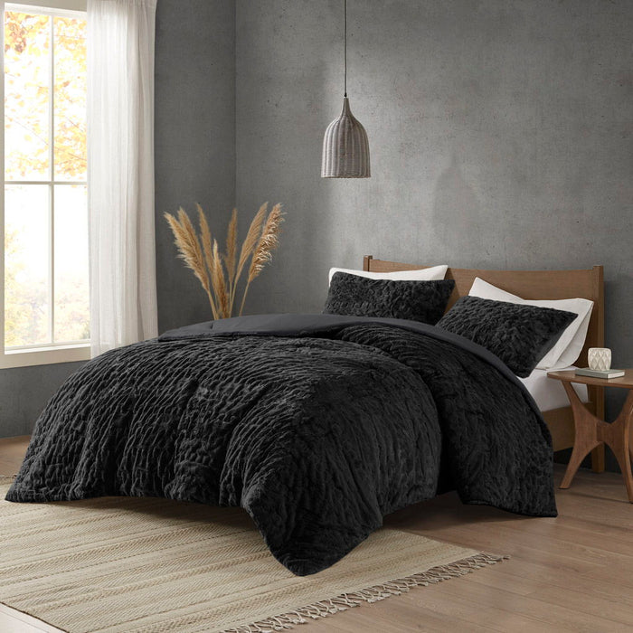 Blair - Ruched Fur Down Alternative Comforter Set - Black - Simple Home Plus