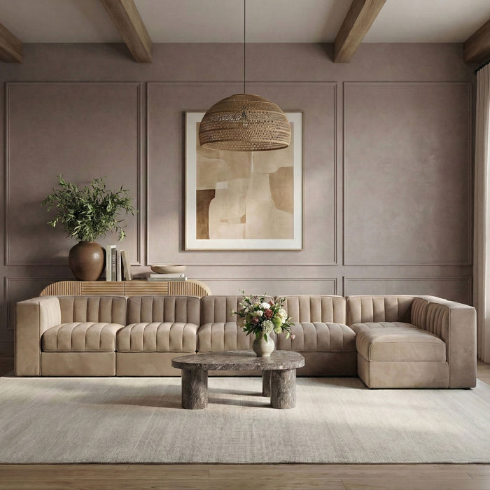 Rummi - Velvet Performance Fabric Upholstered 6 Piece Modular Sectional, L-Shaped (Right) - Simple Home Plus