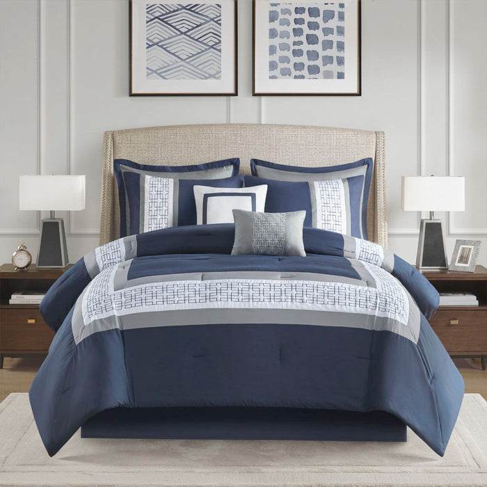 Powell - California King Embroidered Comforter (Set of 8) - Navy - Simple Home Plus