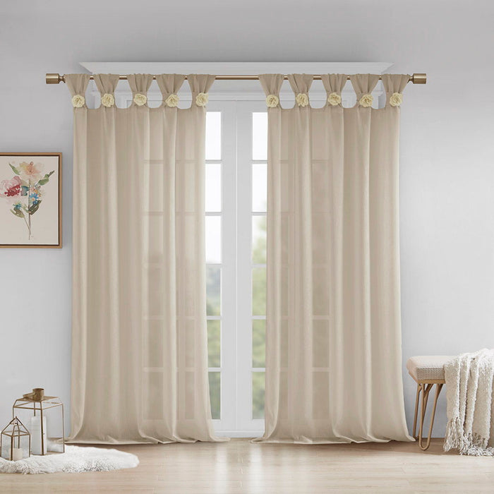 Rosette - 95" Floral Embellished Cuff Tab Top Solid Window Panel - Linen - Simple Home Plus