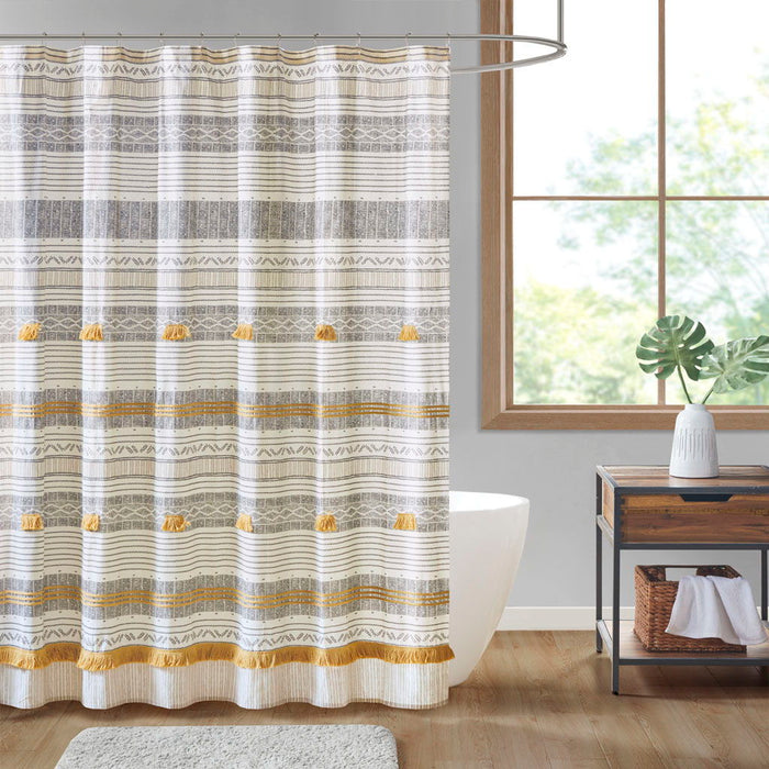 Cody - Cotton Stripe Printed Shower Curtain With Tassel - Gray/Yellow - Simple Home Plus