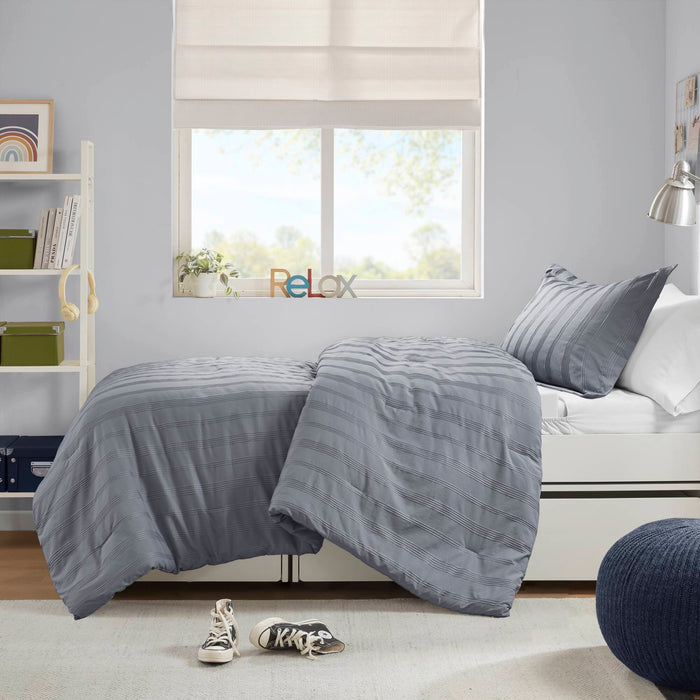 Logan - Twin/Twin Long Striped Duvet Set - Blue/Gray - Simple Home Plus