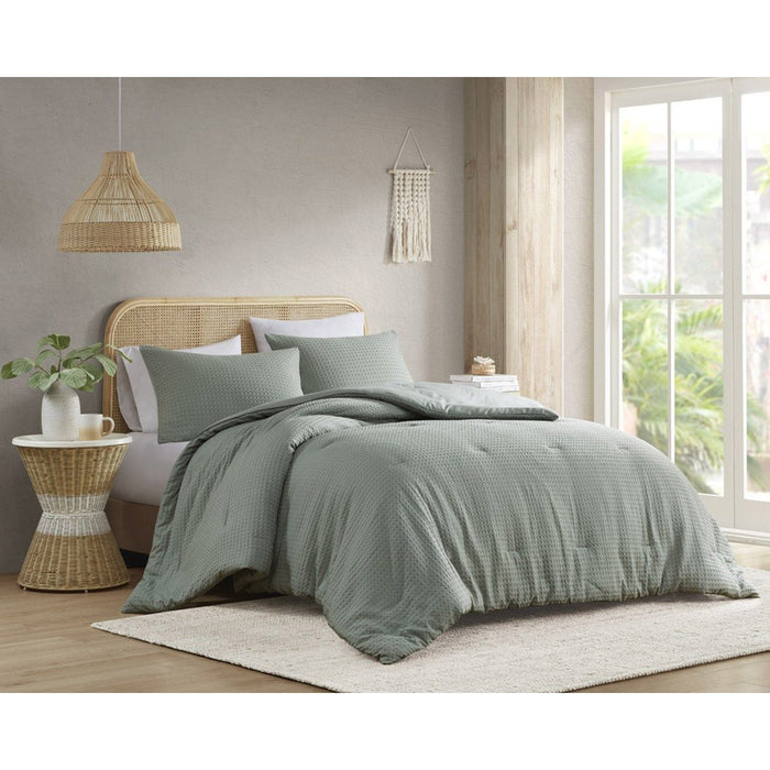 Mina - King/California King Waffle Weave Textured Comforter Set - Sage Green - Simple Home Plus