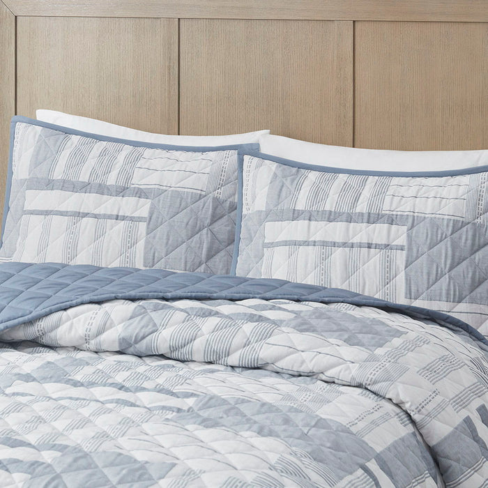 Graham - 3 Piece Full Jacquard Patchwork Quilt Set - Blue - Simple Home Plus