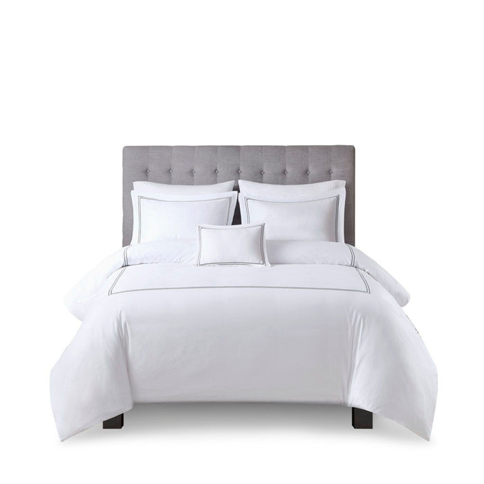 500 Thread Count Luxury - King Sateen Embroidered Duvet Cover Set - White / Gray - Simple Home Plus