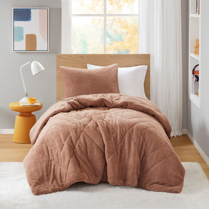 Kyla - Twin/Twin Long Double Diamond Quilted Teddy Comforter Set - Brown - Simple Home Plus