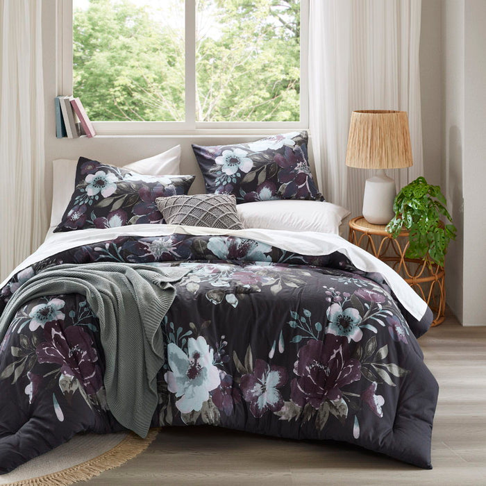 Jolene - 3 Piece King/California King Printed Comforter Set - Dark Gray/Plum - Simple Home Plus