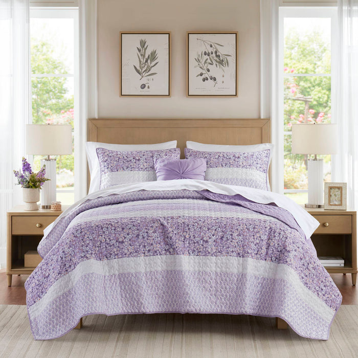 Caralie - Full/Queen 4 Piece Seersucker Quilt Set With Throw - Purple - Simple Home Plus