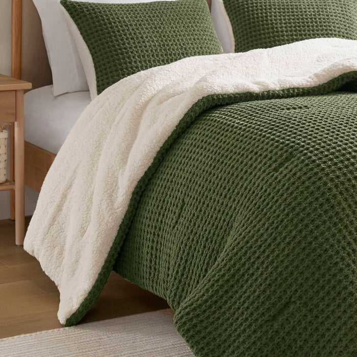 Riordan - King/California King Waffle Knit Comforter Set - Olive - Simple Home Plus