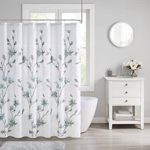 Magnolia - Floral Printed Burnout Shower Curtain - Aqua - Simple Home Plus