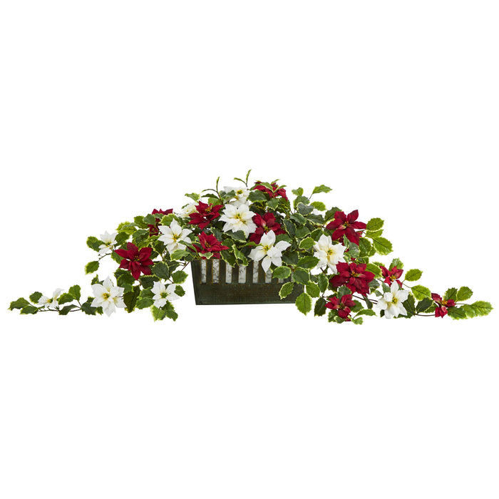39" Poinsettia and Holly Plant in Planter (Real Touch)