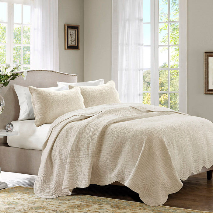Tuscany - King 3 Piece Reversible Scalloped Edge Coverlet Set - Cream - Simple Home Plus