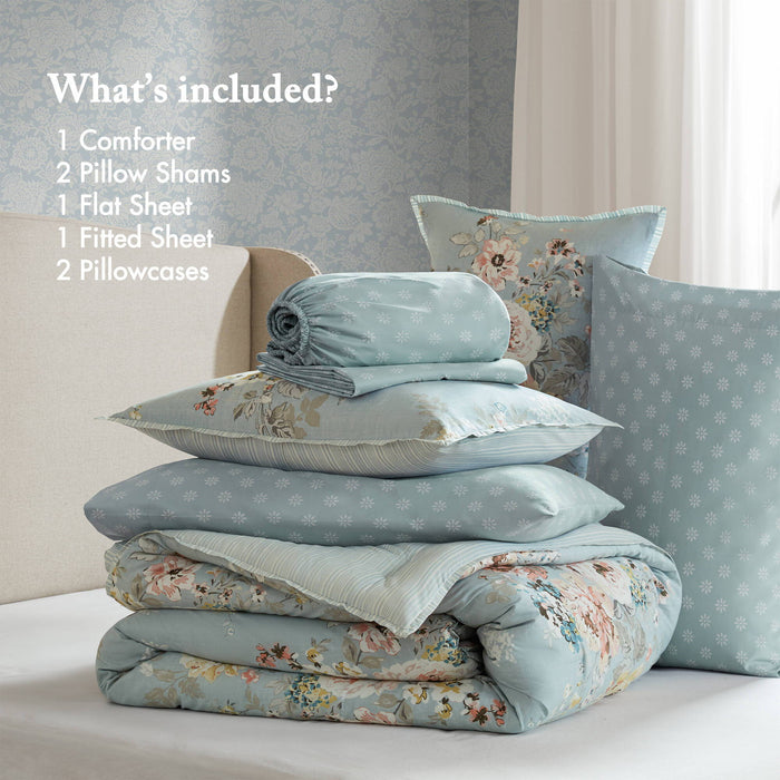 Heather - Queen 7 Piece Vintage-Inspired Floral Print - Soft Blue - Simple Home Plus