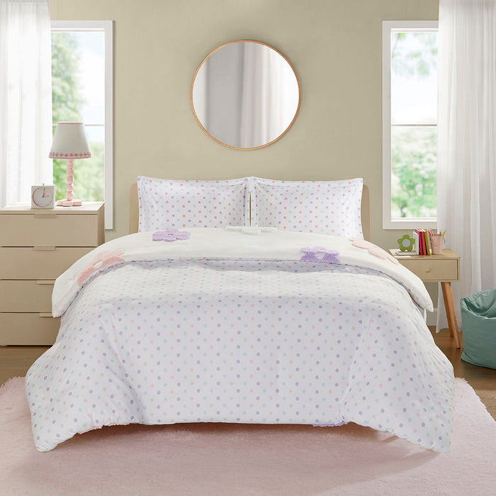 Gracie - Floral Reversible Tufted Chenille Twin Duvet Cover Set - White / Purple - Simple Home Plus