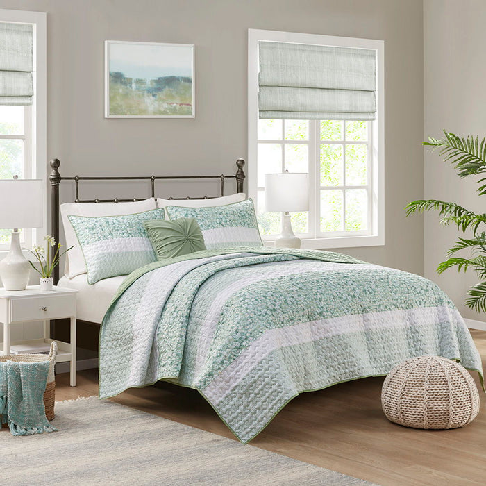 Caralie - 4 Piece Full Seersucker Quilt Set With Throw Pillow - Green - Simple Home Plus