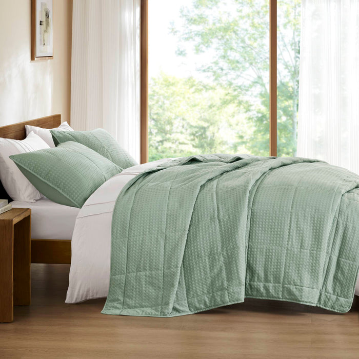 Mina - King/California King Waffle Weave Textured Quilt Set - Green - Simple Home Plus