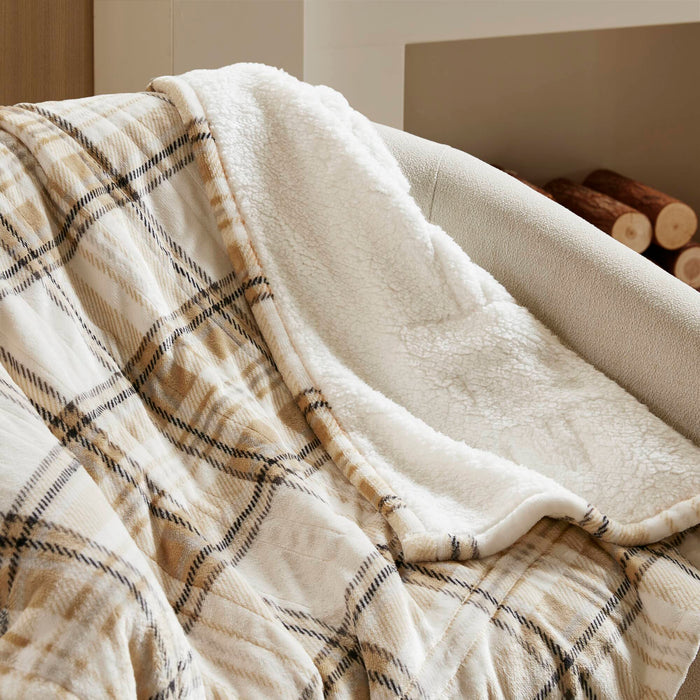 Print Plush To Sherpa - 50X60" Heated Throw - Tan Plaid - Simple Home Plus