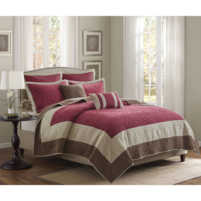 Attingham - King/California King 7 Piece Quilt Set With Euro Shams And Throw Pillows - Red - Simple Home Plus