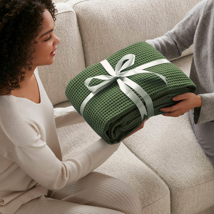 Waffle Weave - Full/Queen Cotton Blanket - Olive Green - Simple Home Plus
