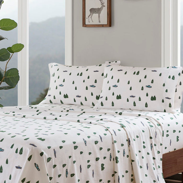 Flannel - 4 Piece Full Sheet Set - Green Trees & Trucks - Simple Home Plus