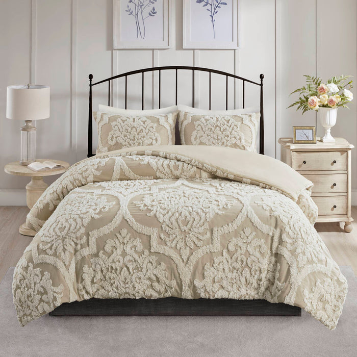 Viola - King 3 Piece Tufted Damask Comforter Set - Taupe - Simple Home Plus