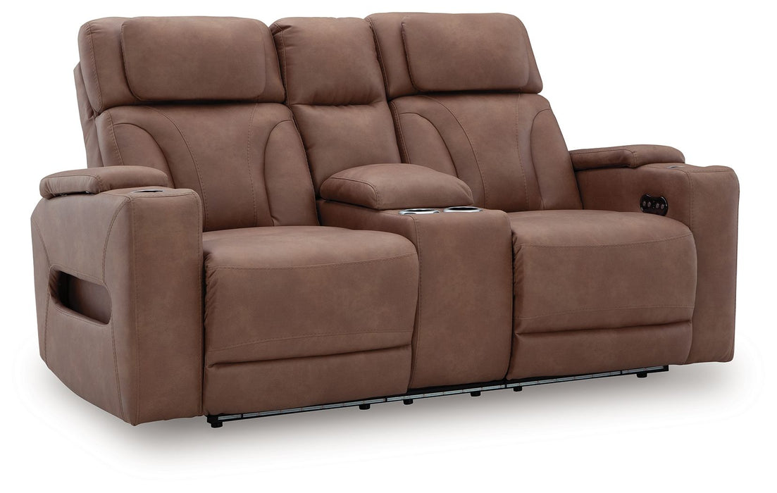 Clean-Slate - Caramel - Power Reclining Loveseat With Console / Adj Headrest - Simple Home Plus