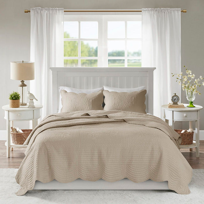 Tuscany - 3 Piece Full/Queen Reversible Scalloped Edge Quilt Set - Khaki - Simple Home Plus