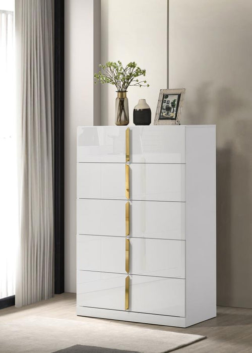 Ines - 5-Drawer Bedroom Chest Of Drawers - White High Gloss - Simple Home Plus
