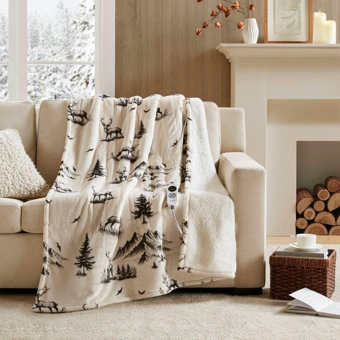 Print Plush To Sherpa - 50X60" Heated Throw - Deer - Simple Home Plus