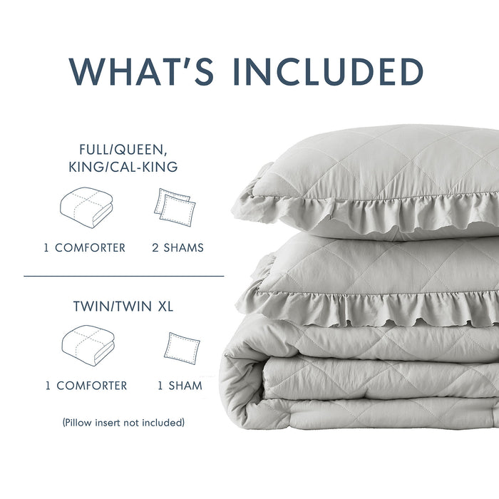 Phoebe - Twin/Twin Long Diamond Quilted Ruffle Edge Comforter Set - Gray