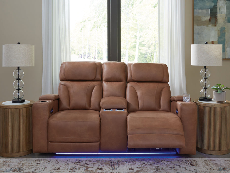 Clean-Slate - Caramel - Power Reclining Loveseat With Console / Adj Headrest - Simple Home Plus