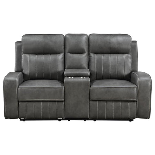 Raelynn - Upholstered Track Arm Motion Loveseat - Gray - Simple Home Plus