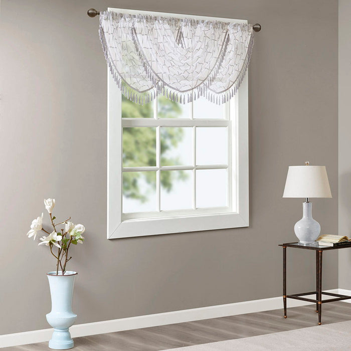 Irina - Diamond Sheer Embroidered Waterfall Valance - White / Gray - Simple Home Plus