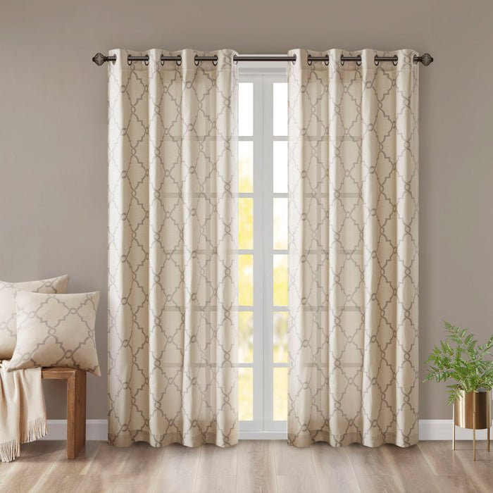 Saratoga - 108" Fretwork Print Grommet Top Window Curtain - Beige - Simple Home Plus