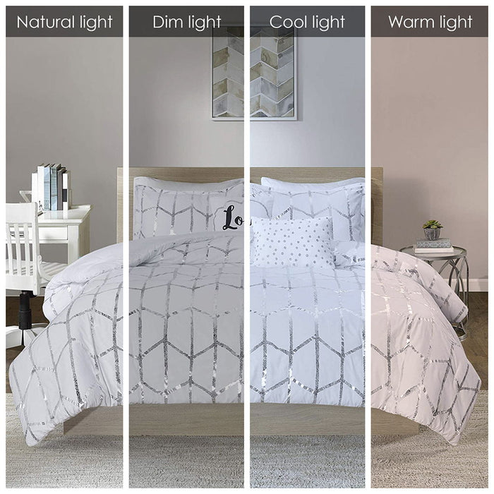 Raina - Metallic Printed Comforter Set - White / Silver - Simple Home Plus