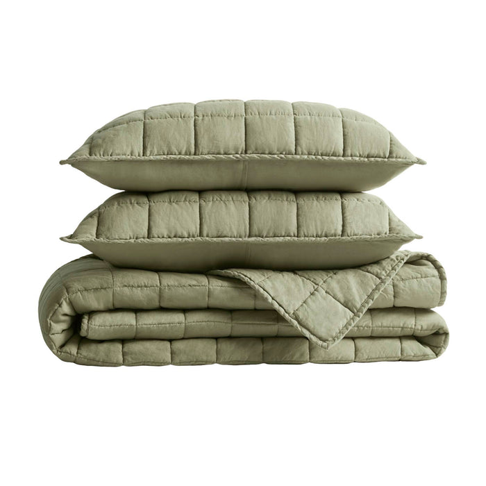 100% Linen - King/California King Linen Garment Washed Quilt Set - Olive Green - Simple Home Plus