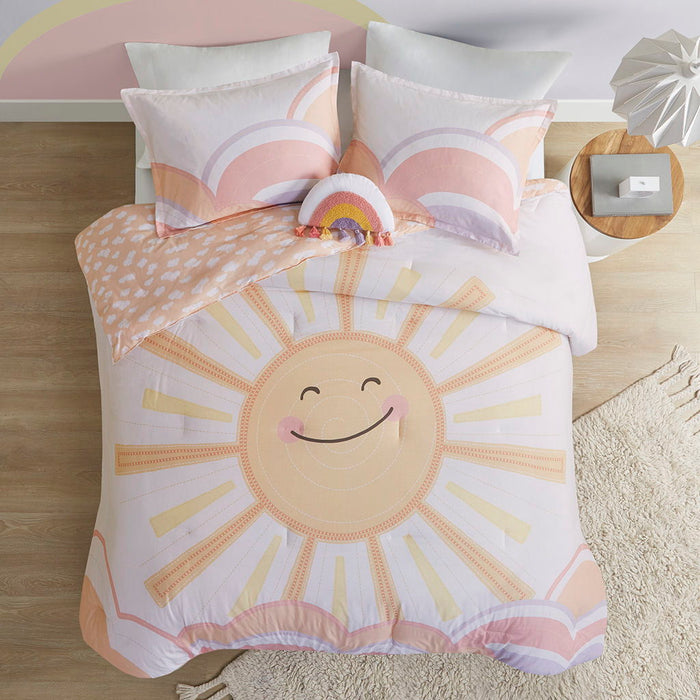 Dawn - Twin Sunshine Printed Reversible Comforter Set - Yellow / Coral - Simple Home Plus