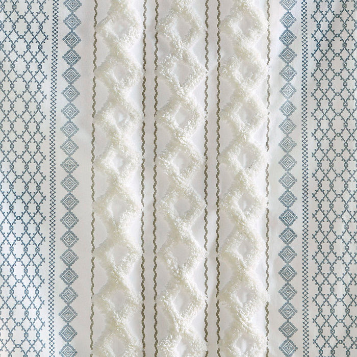 Imani - Cotton Printed Curtain Panel With Chenille Stripe and Lining - White