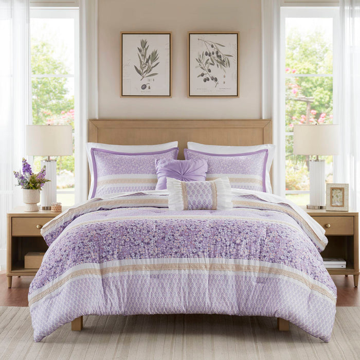 Caralie - Full/Queen 5 Piece Seersucker Comforter Set With Throw Pillows - Purple - Simple Home Plus